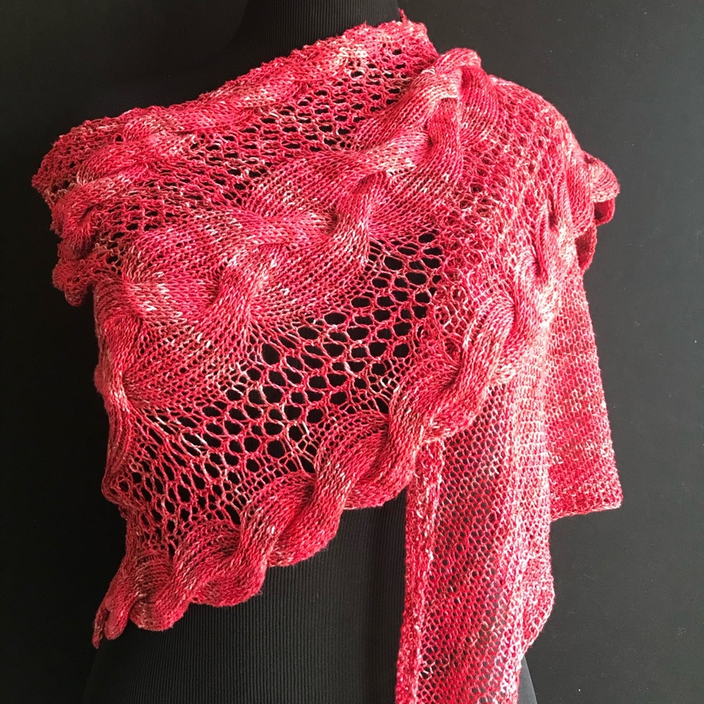 Hand knitted lace women's shawl, reversible, asymmetrical triangular shawl wrap